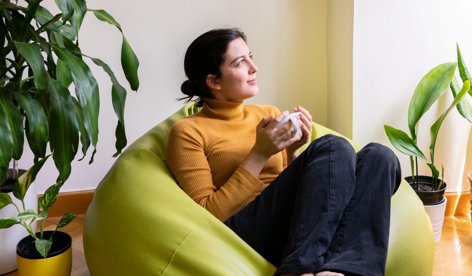 Woman sitting on beanbag
